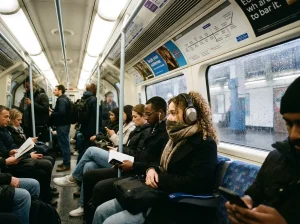 person wearing headphones on London underground